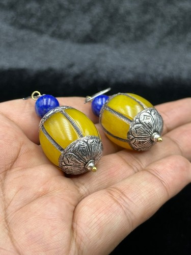 Rare Vintage Silver Beautiful Earrings With Amber And Lapis Lazuli Stone - Picture 4 of 5