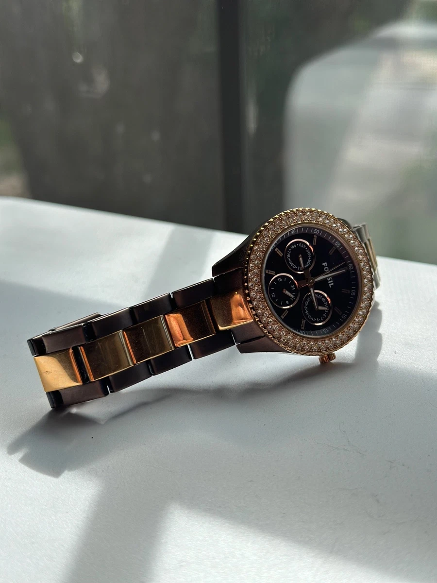 Fossil Stella Womens Watch Gunmetal Rose Gold Tone Crystal Bezel New Battery Fossil Stella Rose Watch - Women main image 3