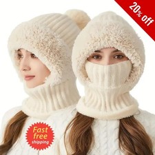 Winter Hat with Ear Flaps Fleece Knit Hooded Neck Gaiter for Outdoor Cycling Cap