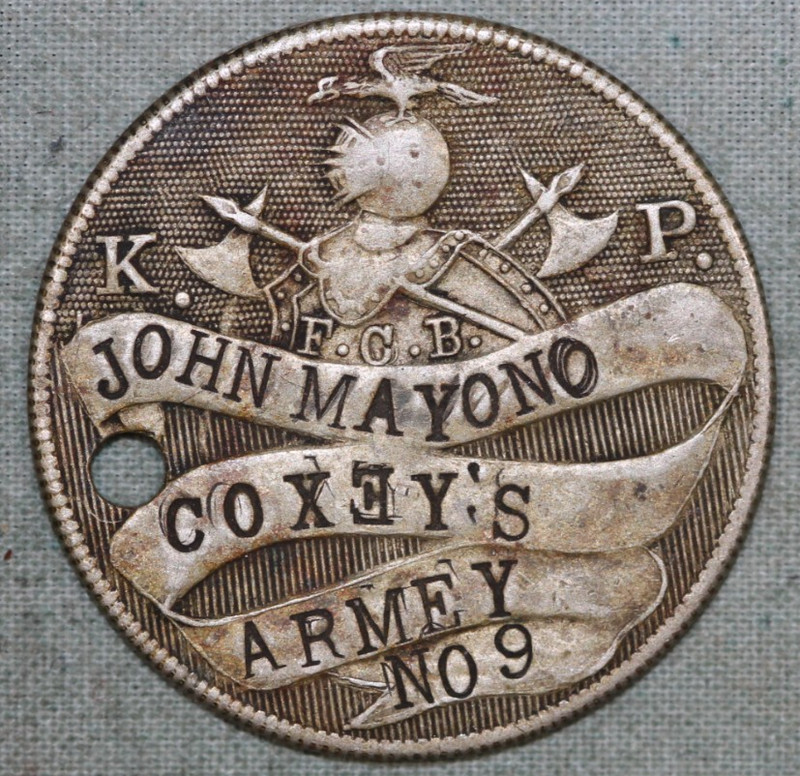 KNIGHTS OF PYTHIAS  JOHN MAYONO ~COXEYS ARMEY~  # 9 TOKEN ~ HOLED~  VERY  RARE