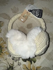 NEW Turtle Fur Ear Muffs, Ivory Knit Cable Stitch & Fluffy White Faux Fur