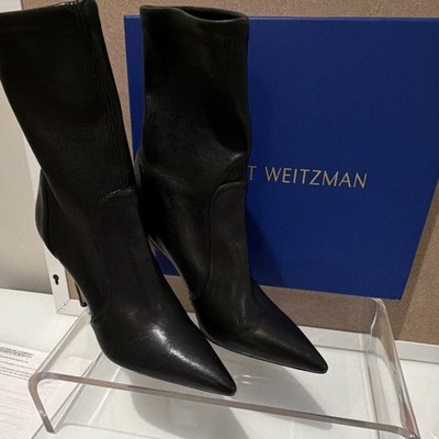 Stuart Weitzman Women's Black Leather Pointed Toe Stiletto Ankle Bootie 6.5