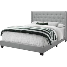 Bed Queen Size Platform Bedroom Frame Upholstered Linen Look Grey Chrome