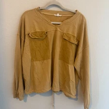Splendid Utility Pocket Pullover Sweatshirt Tan Raw Hem Drawstring Hem Women’s M
