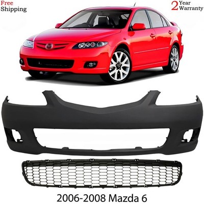 Front Bumper Cover Primed Plastic & Bumper Grille Kit For 2006-2008 Mazda 6