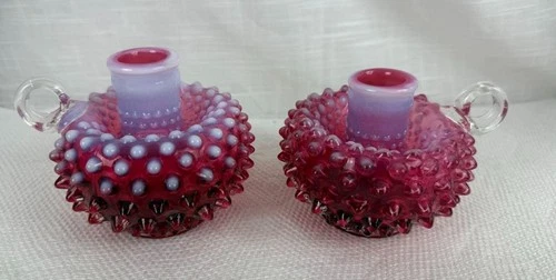 2 Vintage Fenton Cranberry Opalescent Hobnail Glass Candle Holders