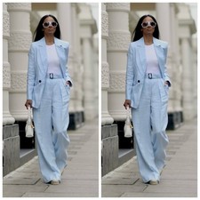 Sky Blue Linen Women Suits Summer Party Wedding Work Wear Beach Ladies Outfits