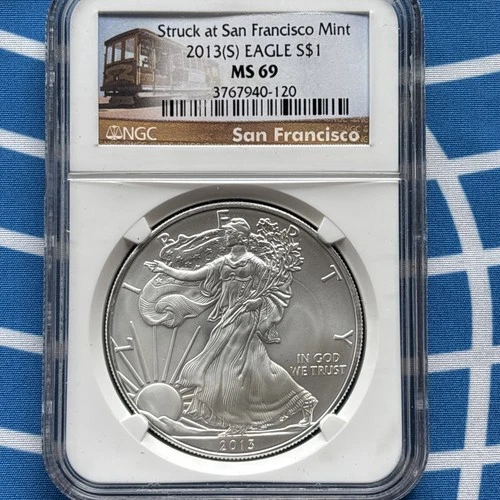 2013 (S) Silver Eagle NGC MS 69 Struck at San Francisco Mint.  Cable Car Holder