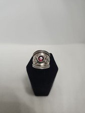 Sterling Silver Balinese Boho Style Wide Band Ring with Faceted Garnet Size 6.5
