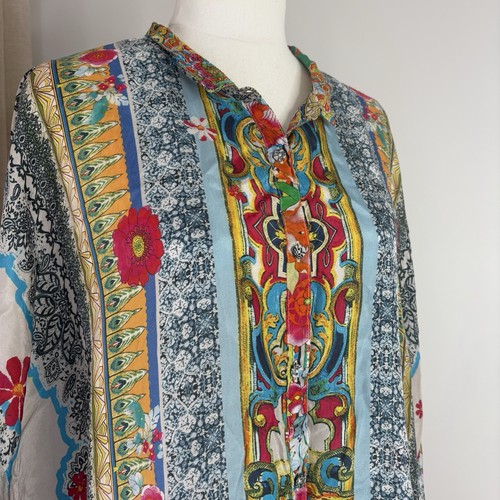 Johnny Was Silk Long Sleeve Top Size M Designer Luxe Colourful Button Up Relaxed - Picture 2 of 11