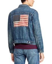 Men's Polo Ralph Lauren Distressed USA American Flag Denim Trucker Jacket M NWT
