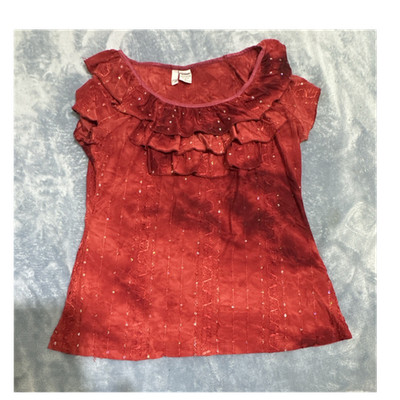 Sammi Jo Women's Red Ruffle Sequin Knit Short Sleeve Regular Blouse Size M