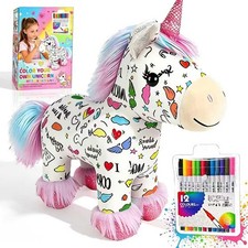 Color Your Own Unicorn Plush Toy Kit, Washable DIY Art Stuffed Animal with 12...