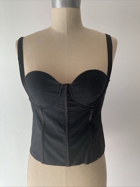 Vintage Alive Girl Size S-M Black Corset Top Black Satin Trim Shirr Zip Back