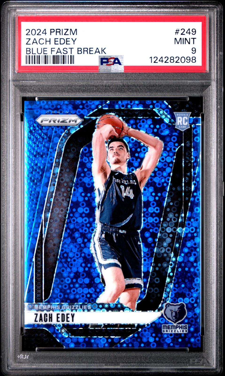 2024 Panini Prizm #249 Zach Edey Blue Fast Break Disco Rookie Card RC /150 PSA 9