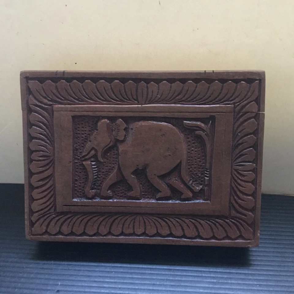 Vintage Hand-Carved Rosewood Wooden Intricate Deity & Elephant Design Puzzle Box - Image 2 of 4
