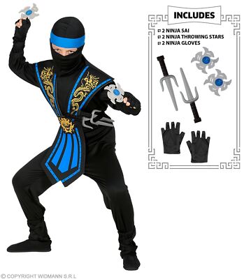 Kinder Kostüm Kombat Ninja in blau mit Waffenset - Kämpfer, 116 cm - 158 cm 14