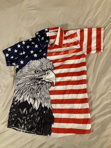 USA American Bald Eagle & Flag MEDIUM Shirt Collar Button Up Short Sleeves - Picture 10 of 15