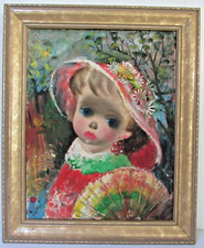 GRANDI OCCHI RAGAZZA CON VENTAGLIO DIPINTO OLIO SU TELA DI JEAN CALOGERO 1922-2001