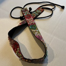 Vintage 70's Multicolor Flower Sequin Cloth Denim Tie Belt Very Unique