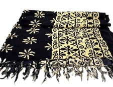 Vintage Womens Bohemian Pashmina Scarf Wrap Black Tan Floral Fringed 60 x 38"