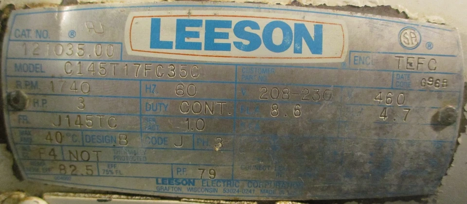 Leeson 121035.00 Electric Motor C145T17FC35C 1740RPM 3PH 7/8" Shaft Dia - Image 3 of 4