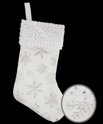 Großer weißer Samt & Fell Schneeflocke Weihnachtsstrumpf silber Glitzer 43 x 24 cm