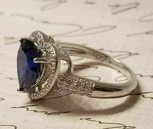 2.65 Ct Heart Cut Blue Sapphire Wedding Halo Ring 14k White Gold Plated Silver - Picture 5 of 8