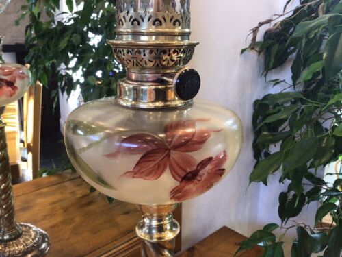 Antique French Oil Lamp Art Nouveau Enamelled Satin Glass H & S Burner - Picture 2 of 12