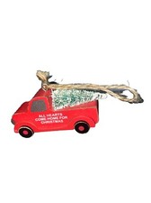 Red Pickup Truck w/ Tree Christmas Ornament 3-D Hand Crafted Painted 2 3/4"