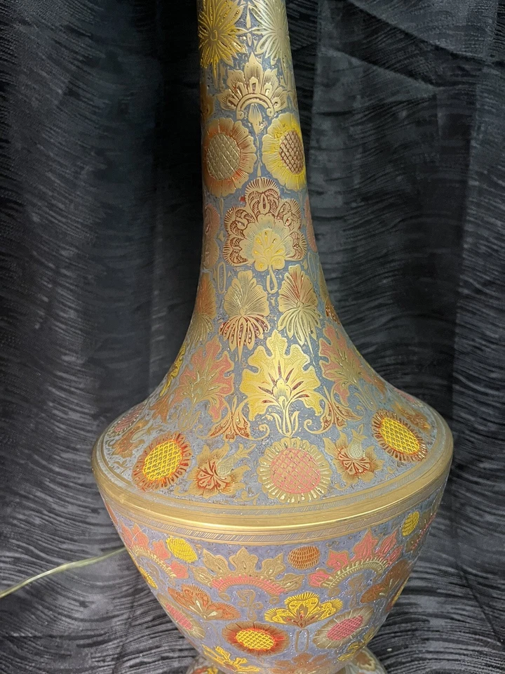 Antigua lámpara turca de latón esmaltado de los años 30 flores florales colorida rara Foto 4 de 4