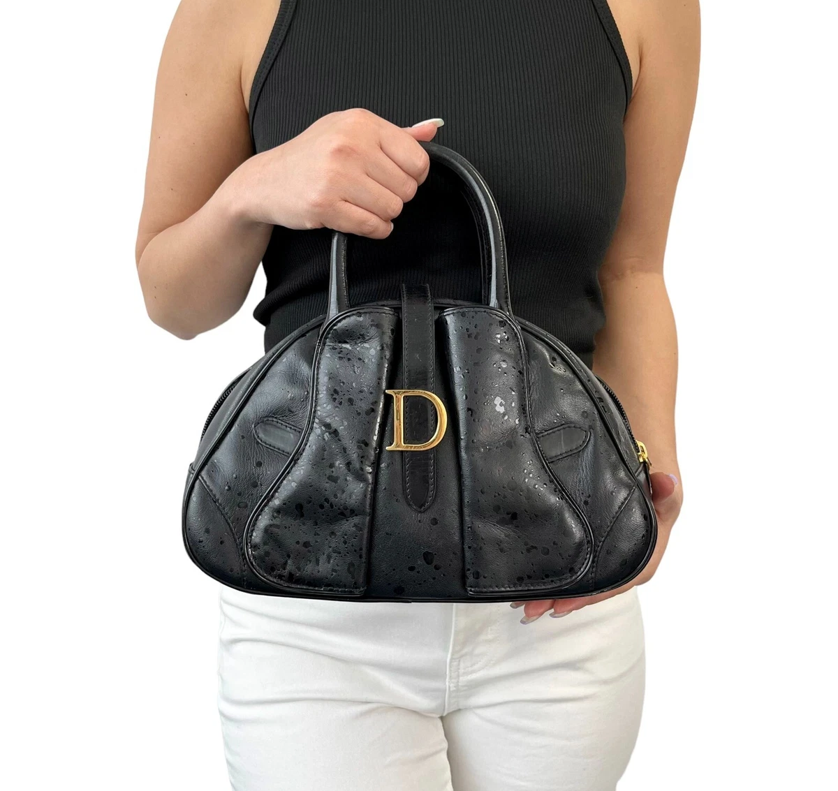 Christian Dior Vintage Logo Mini Double Saddle Bag Zip Black