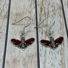 Earrings Skull Red Moth Insect Enamel Silver Drop  Hook Goth Halloween Jewellery