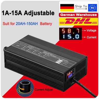 16S 48V LiFePo4 58.4V 15A  Battery Charger Current Adjustable DE Stock