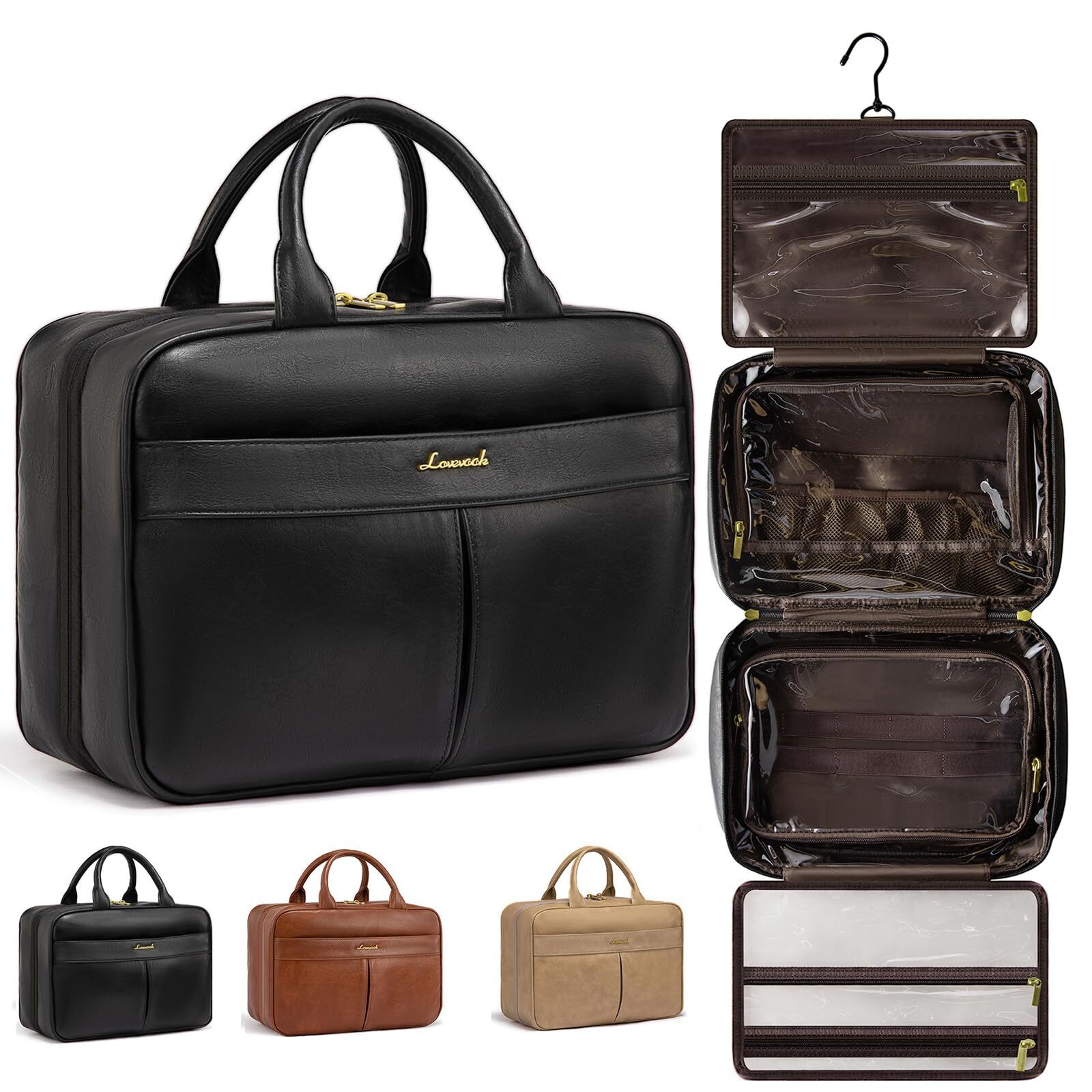 Travel Toiletry Bag with Hanging Hook for womenWater-Resistant Leather Vintag...