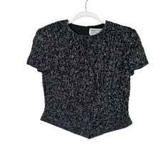 Papell Boutique Evening Silk Top Petite S PS Black Embellished Vintage Formal