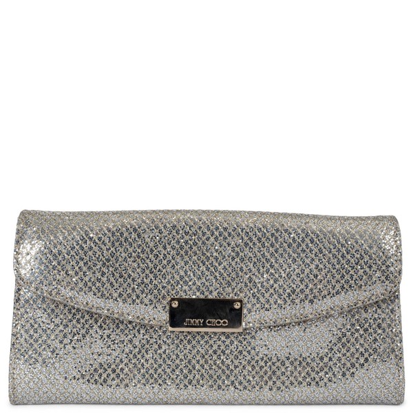 70796 authentische JIMMY CHOO silber Glitzer Stoff RIANA CLUTCH MIT RIEMEN Tasche