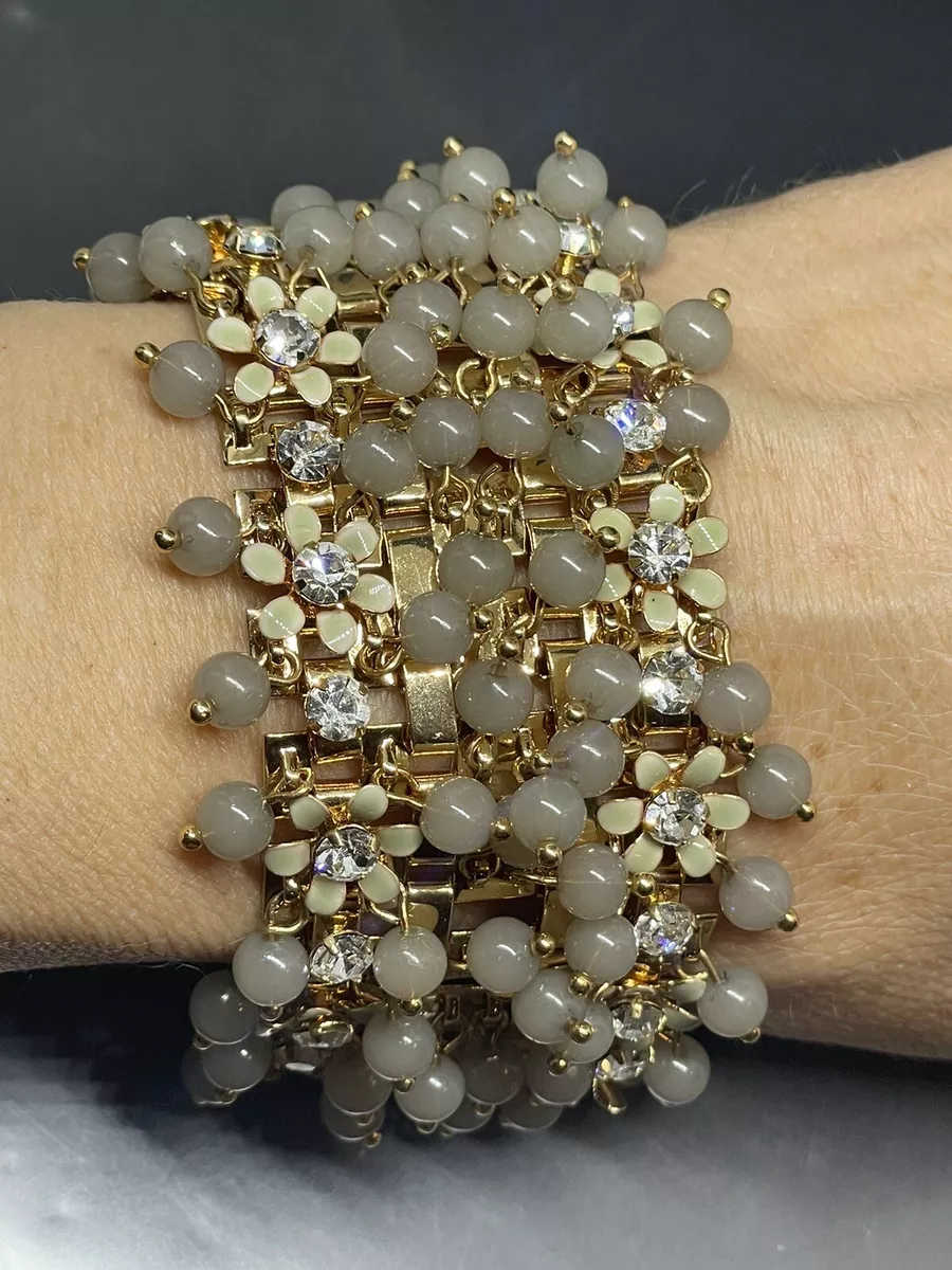 J.Crew Cluster Bracelet GoldTone Crystal Flowers Grey Lucite Beads