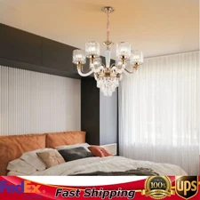 6-Light Gold Round Crystal Chandelier Hanging Ceiling Light Pendant Fixture New