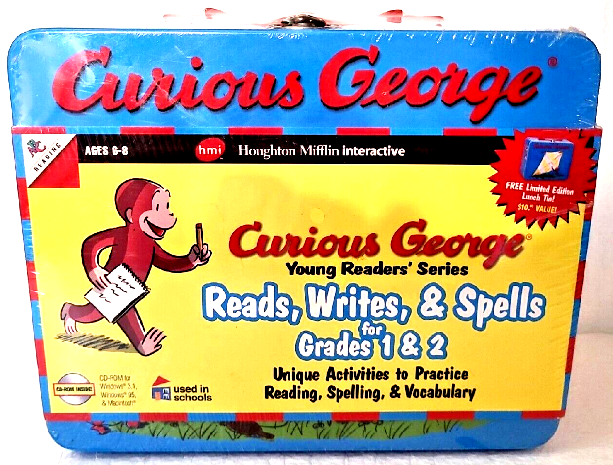 1998 Curious George Blue Metal Lunch Box Young Readers Series Sealed W ...