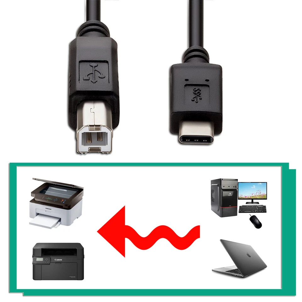 Extra Long USB-C Type C to USB-B Type B Printer Scanner Cable USB 2.0 High Speed - Image 2 of 4