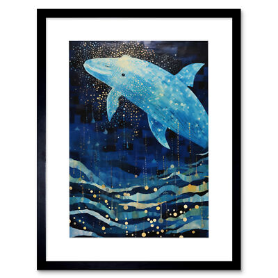 Blue Whale Breach Winter Waters Moonlit Seascape Waves Framed Art Print 12X16