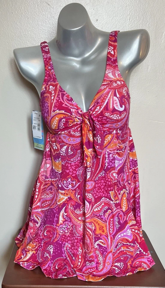 Traje de baño Swim Solutions vestido talla 10 rosa naranja cachemira lazo delantero para mujer NUEVO Foto 4 de 4
