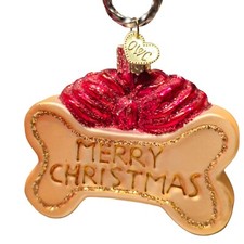 Old World Christmas Merry Christmas Dog Treat Red Bow Glitter Glass Ornament
