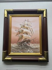 Vintage Framed Oil Painting Of Sailboat On Stormy Sea By B. Crompton
