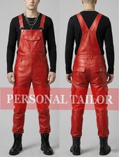 Men's Red Leather Overall Bib Cargo Pocket Utility Uniform Dungaree Jumpsuit