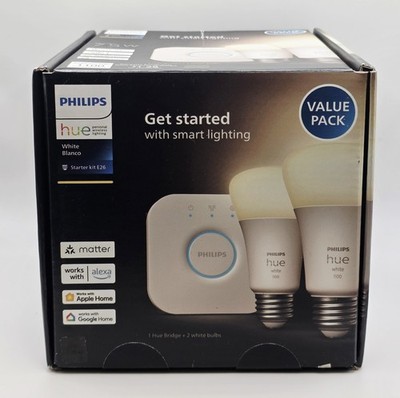 Philips - Hue White A19, 2 pack, Bluetooth 75W Smart LED Starter Kit 