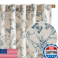 Lazzzy Farmhouse Linen Floral Curtains 96in Light Filtering Blue Beige Panels