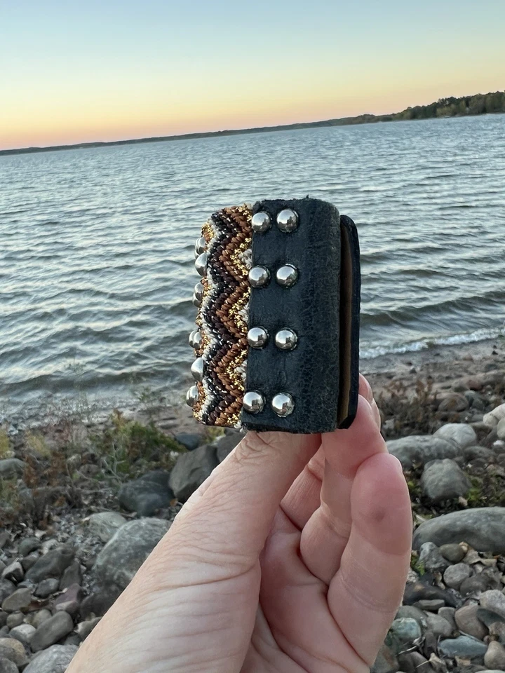 Calleen Cordero green leather cuff bracelet beaded aztec studded boho designer - Image 3 of 4
