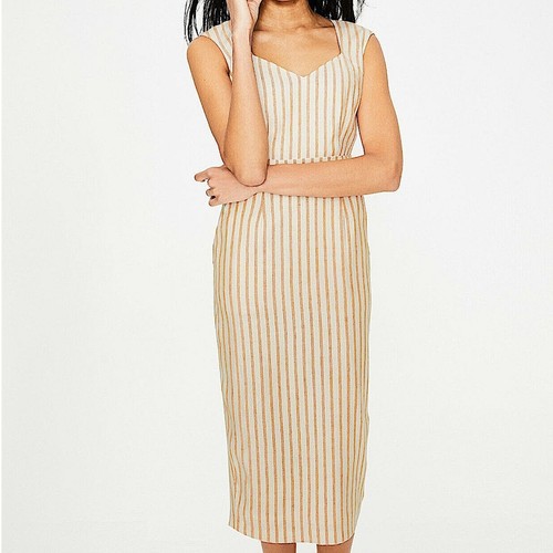 Boden Tan Linen Striped Midi Dress Plus Size